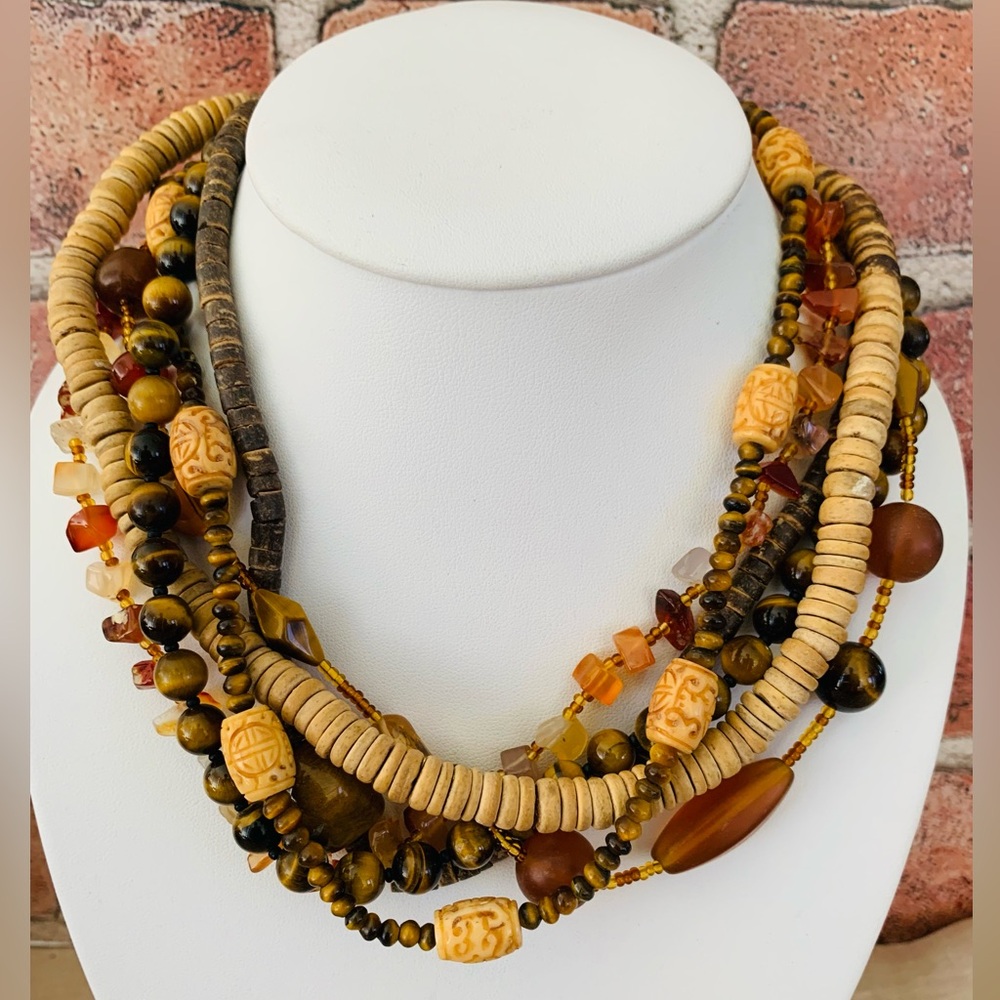 Tigers Eye Carnelian Citrine and Wood Six Strand Vintage Necklace